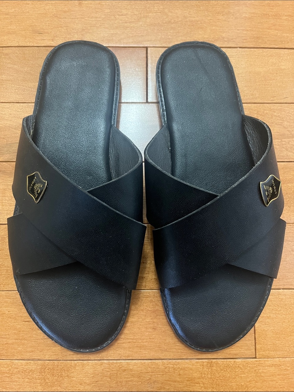Upcycled Black “Armni” Lacoste Cross-Strap Slide Sandals